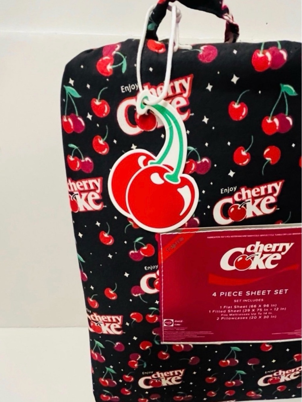 Enjoy Cherry Coke Twin Size 4 Piece Sheet Set Black Red White Green - Picture 8 of 12